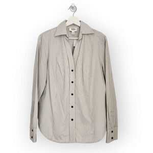Vintage Talbots White Dark Gray Pinstripe V Neck Button Down Shirt 18